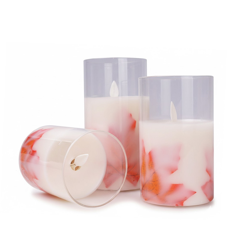 Realistic Maple Leaf Flameless Candles with Glass Case - Set of 3 Battery Operated LED Pillar Candles Color:Gold 1