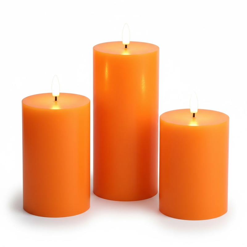 Real Paraffin Wax Flameless Pillar Candles ,Set of 3 Orange