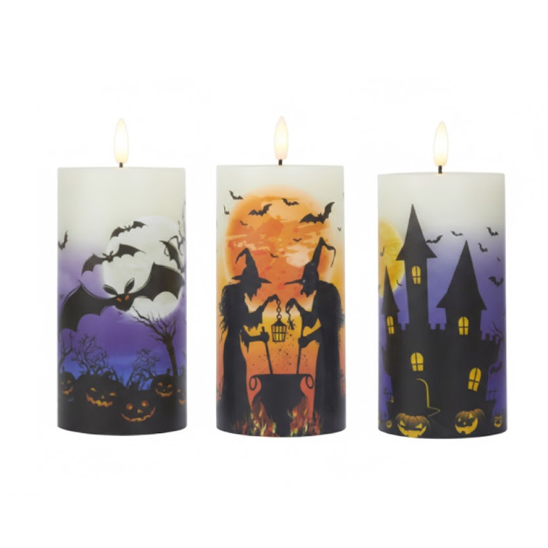 Halloween Flameless Pillar Candles - Set of 3, Witch and Haunted House Silhouette Decor, Spookify Your Home with Flickering Warmth: Realistic Wax LED Candles Featuring Enchanting Halloween Silhouettes and Smart Remote Control.