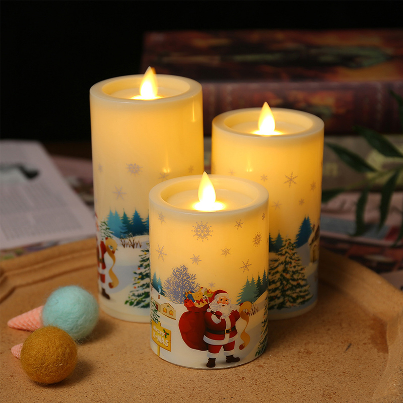 Santa Claus Pattern Christmas Flameless Pillar Candles with Recessed Top - Set of 3 Size:7.5*10cm 2