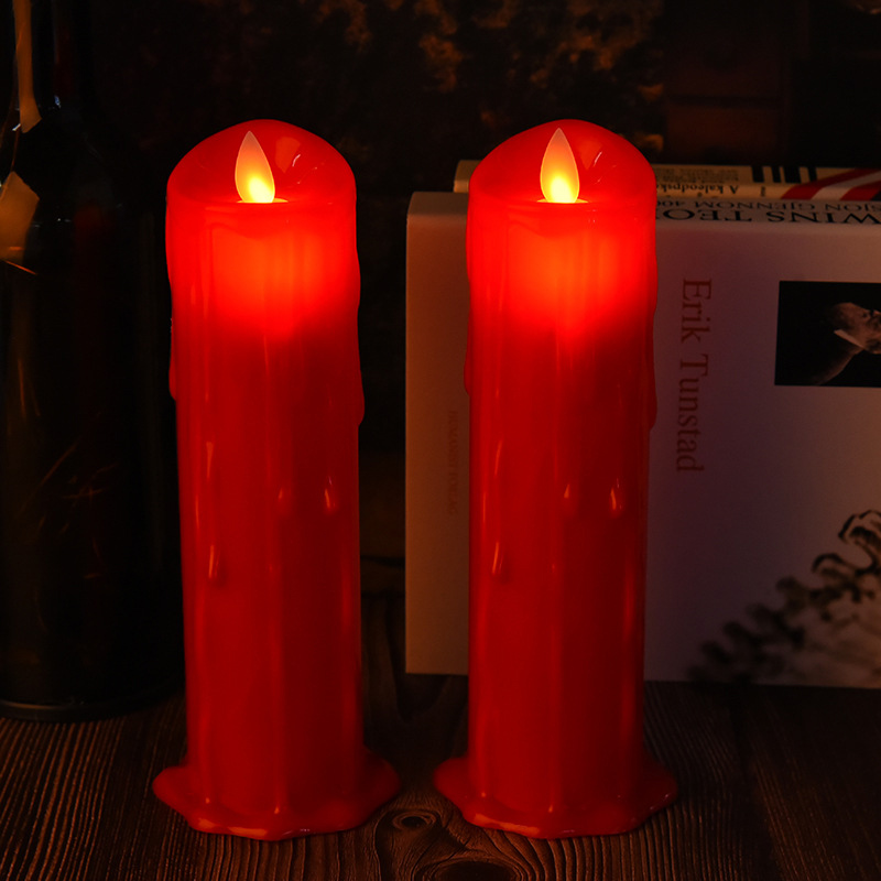 Flameless LED Pillar Candle with Realistic Melting Wax Design - Red/Ivory (20cm/7.9") Color:Red;Size:7.5*20cm 1