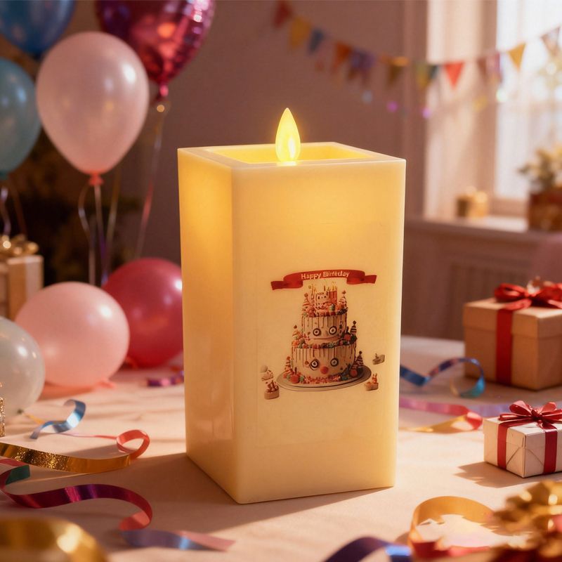 Square Realistic LED Musical Birthday Candle with Moving Flame - Ivory Flameless Pillar Candle for Party Decor Size:8*12cm 1