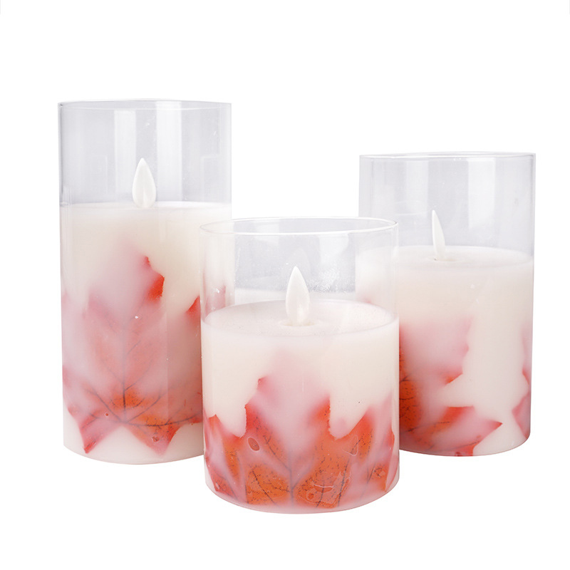Realistic Maple Leaf Flameless Candles with Glass Case - Set of 3 Battery Operated LED Pillar Candles, Elegant Autumn-Inspired Flickering LED Candles for Seasonal Home Decor & Festive Ambiance