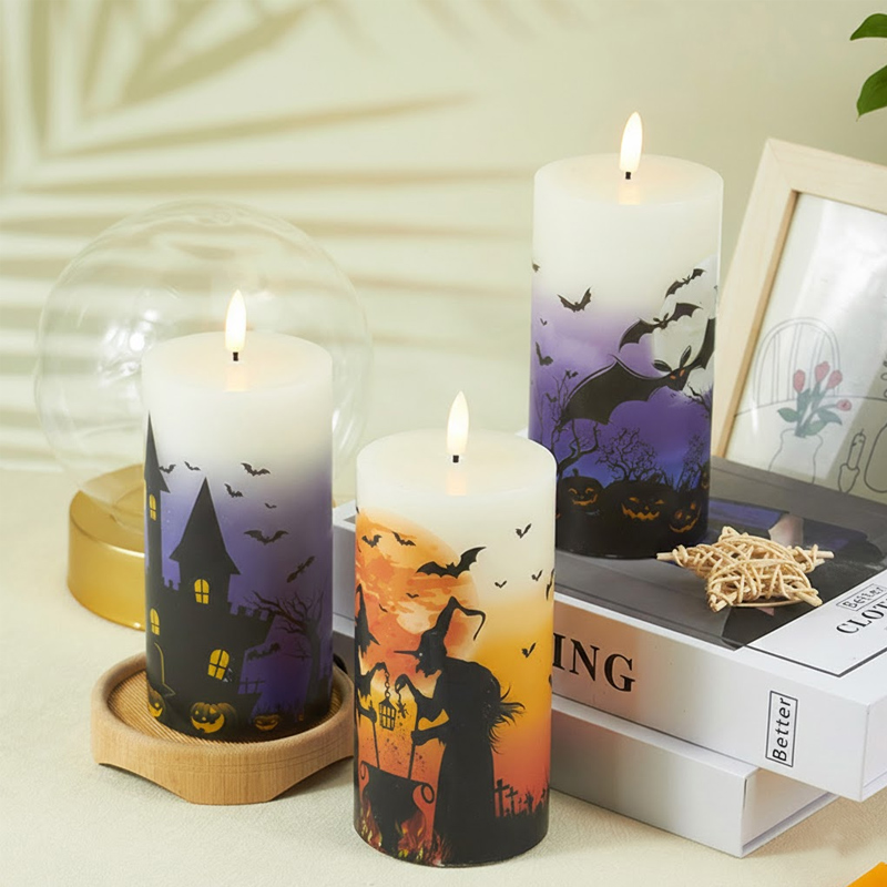 Halloween Flameless Pillar Candles - Set of 3, Witch and Haunted House Silhouette Decor Color:Witch;Size:7.5*15cm 1