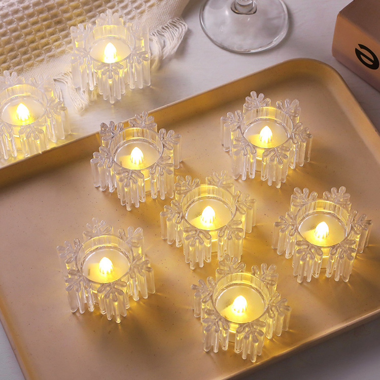 Crystal-Clear Flameless LED Tealight Candles - Multi-Shape Decorative Electronic Candles for Home & Events Snowflake  , Elegant Sparkling Water-Effect Flickering Candles: Safe, Battery-Operated, and Stunning Visuals for Every Occasion