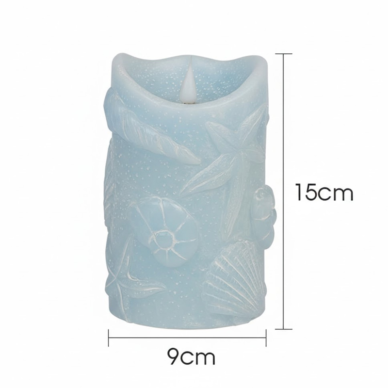 Ocean-Themed Shell Embossed Flameless LED Pillar Candle - Real Paraffin Wax, 3.5" x 6" Color:Blue;Size: 9*15cm 1