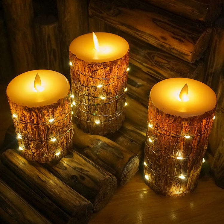 Rustic Bark Flameless Pillar Candles with Fairy Lights & Remote - Real Wax LED Candles Set of 3 Size:8*12.5cm 2