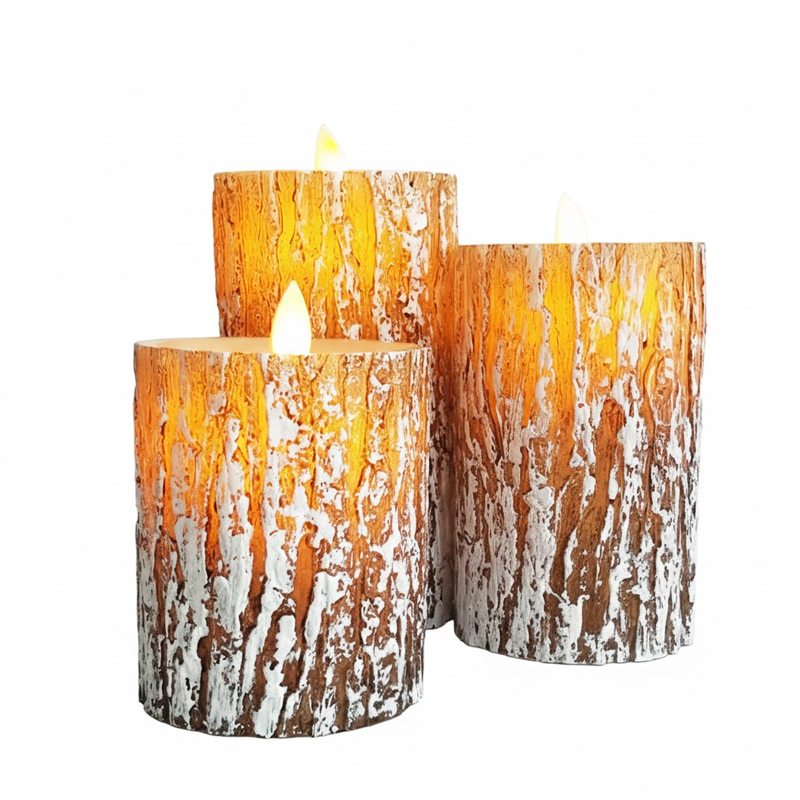 Real Wax Pine Bark-textured Flameless LED Candles with Remote Control