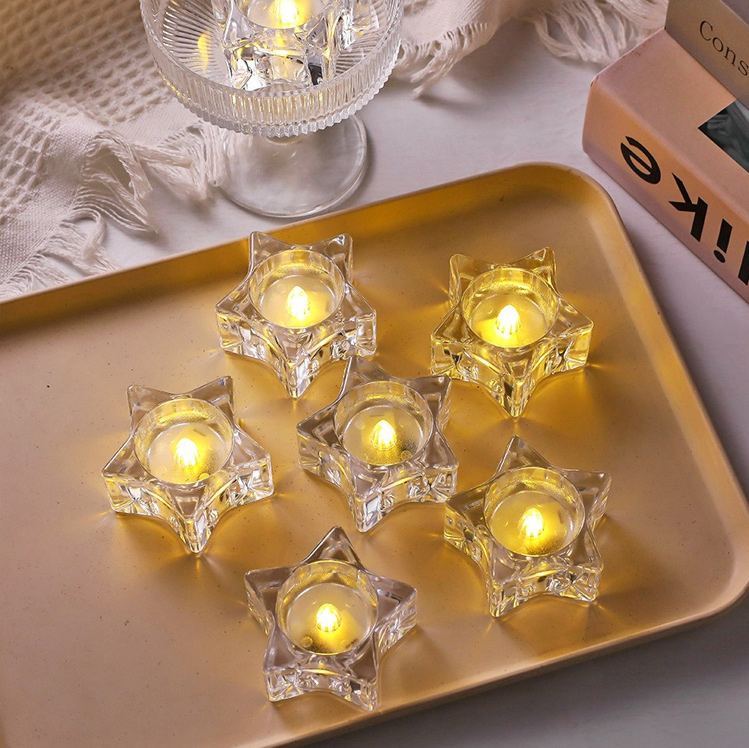 Crystal-Clear Flameless LED Tealight Candles - Multi-Shape Decorative Electronic Candles for Home & Events Star  , Elegant Sparkling Water-Effect Flickering Candles: Safe, Battery-Operated, and Stunning Visuals for Every Occasion