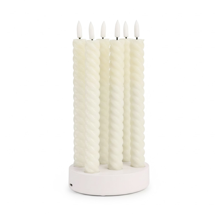 Rechargeable Spiral LED Taper Candles - Flameless Flickering Real Wax Twist Candles with Charging Base (Set of 6), Eco-Friendly Elegance: Enjoy the Warm Glow of Timeless Taper Candles Without the Mess of Melting Wax
