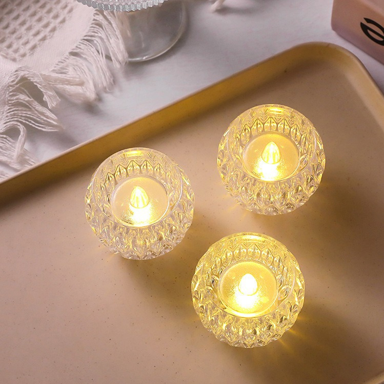 Crystal-Clear Flameless LED Tealight Candles - Multi-Shape Decorative Electronic Candles for Home & Events Round Cup  , Elegant Sparkling Water-Effect Flickering Candles: Safe, Battery-Operated, and Stunning Visuals for Every Occasion