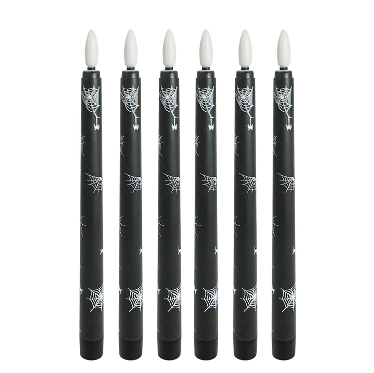 Spider Web Printed LED Taper Candles - Black Flameless Candles with Remote Control (Set of 6), Spookify Your Space Safely: Realistic Warm Flickering Glow with a Gothic Spider Web Aesthetic.
