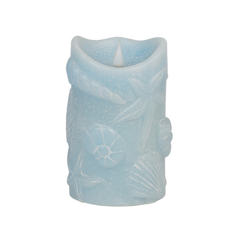 Ocean-Themed Shell Embossed Flameless LED Pillar Candle - Real Paraffin Wax, 3.5" x 6", Bring the Serenity of the Ocean to Your Home with Our Handcrafted Seashell Textured Flickering LED Candle
