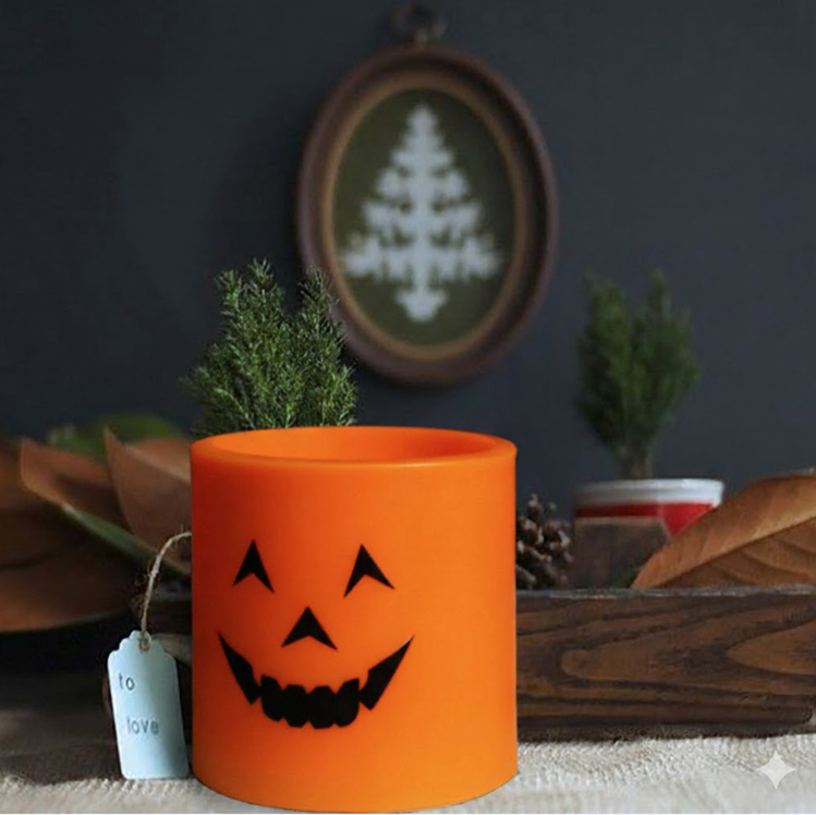 Halloween Jack-O'-Lantern LED Flameless Candle - Battery Operated Orange Pumpkin Pillar Light for Seasonal Decor Style:Style1;Size:7.6*7.6cm 3