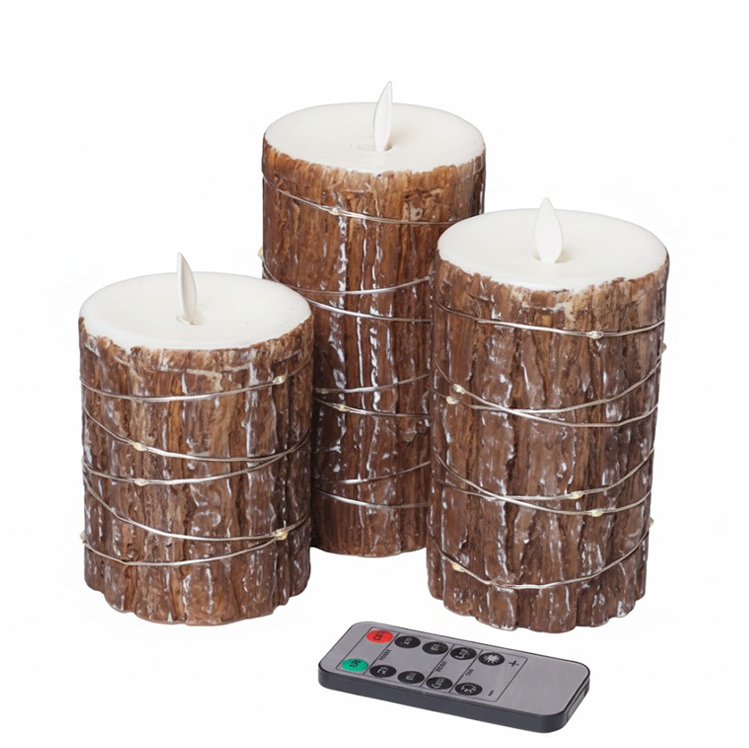 Rustic Bark Flameless Pillar Candles with Fairy Lights & Remote - Real Wax LED Candles Set of 3 Size:8*12.5cm 3