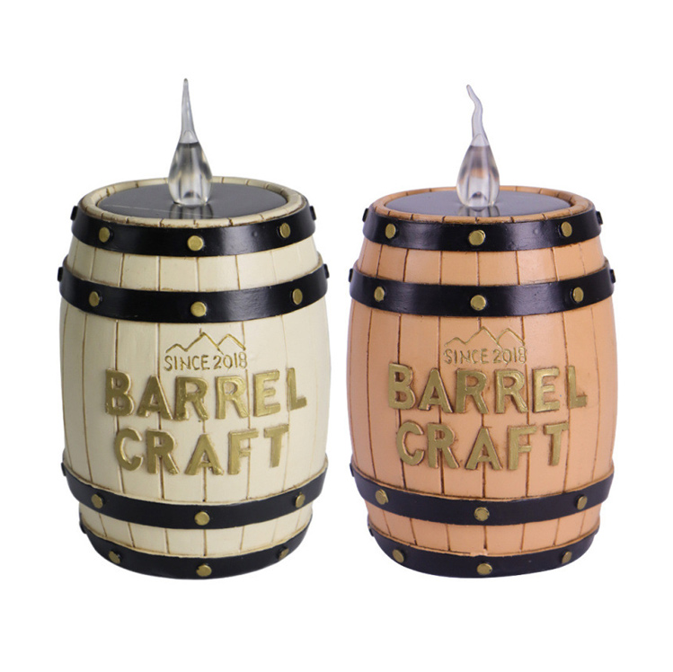 Vintage Solar Barrel LED Candle Lantern - Decorative Wine Barrel Garden Light for Halloween & Christmas, Eco-Friendly Solar-Powered Flickering Flame Lantern | Rustic Resin Wood Barrel Decor for Patio, Desktop & Holiday Ambience