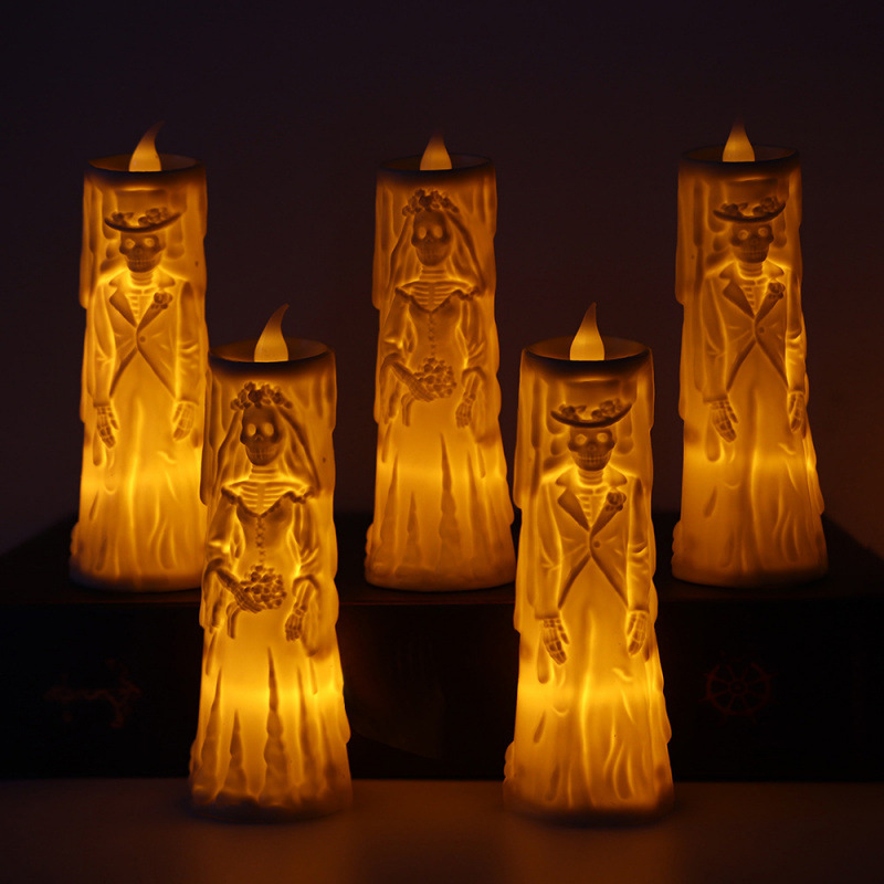 Vintage Skeleton Bride & Groom Flameless LED Candles - Spooky Gothic Halloween Decor (Set of 2) Emitting Color:Groom 2