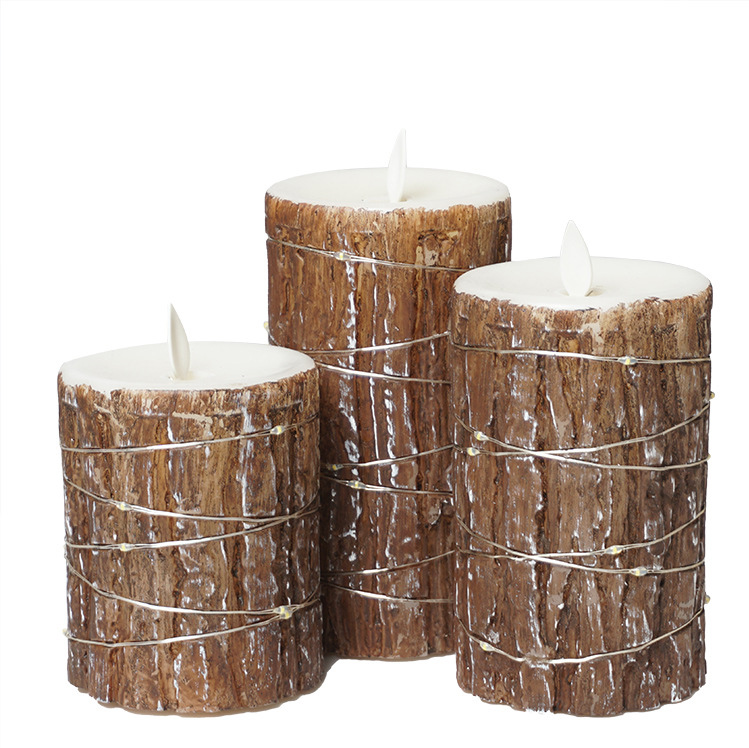 Rustic Bark Flameless Pillar Candles with Fairy Lights & Remote - Real Wax LED Candles Set of 3, Add a Warm, Nature-Inspired Glow to Your Home with Realistic Bark-Textured Flameless Candles