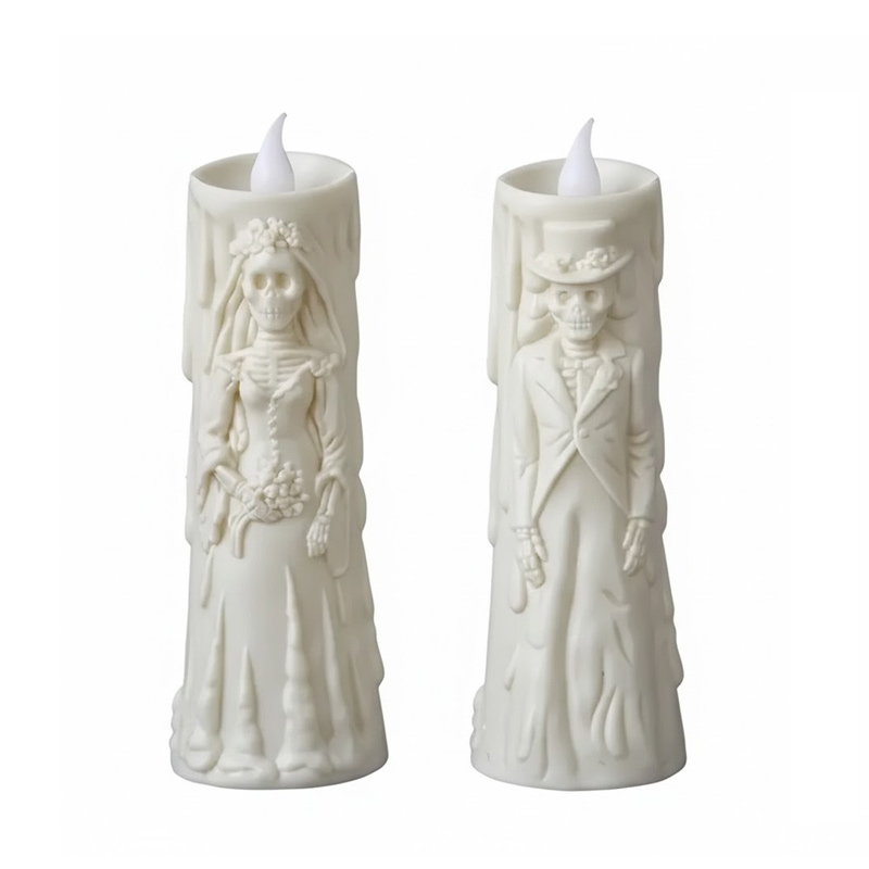Vintage Skeleton Bride & Groom Flameless LED Candles - Spooky Gothic Halloween Decor (Set of 2), Set the Mood with Eerie Flickering Light – Safe, Battery-Operated Haunted Wedding Skeleton Candles