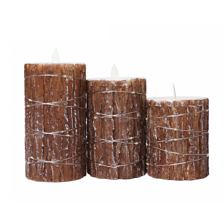 Rustic Bark Flameless Pillar Candles with Fairy Lights & Remote - Real Wax LED Candles Set of 3 Size:8*12.5cm 1