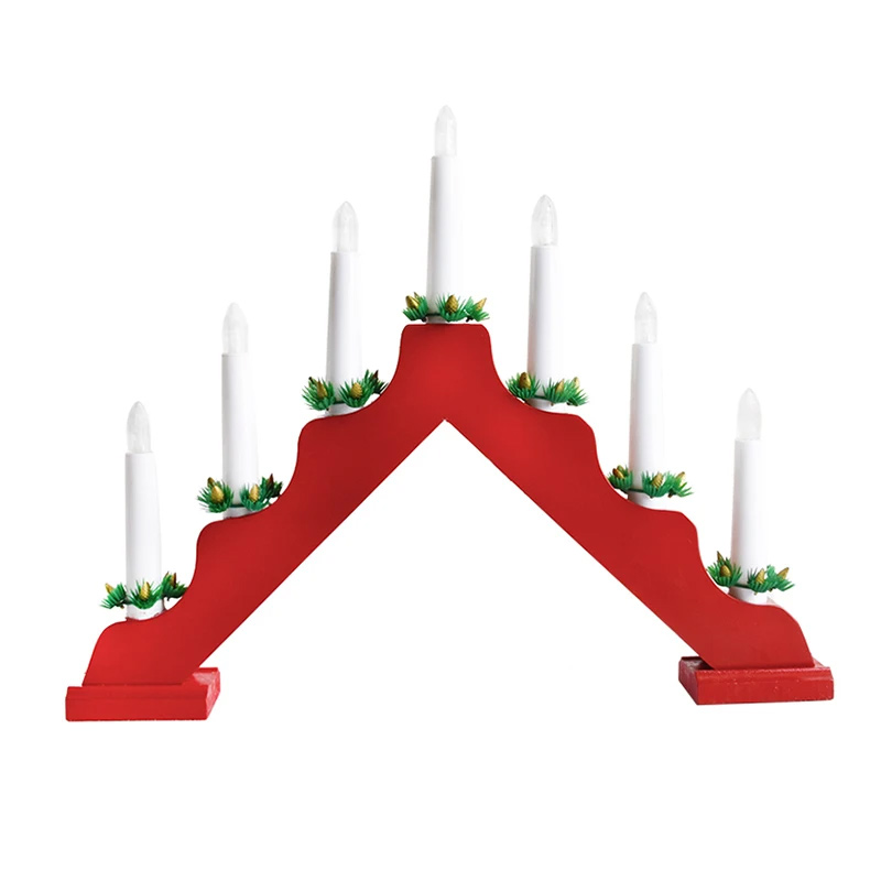 Traditional Wooden Christmas Candle Bridge - 7 LED Flameless Arch Light Red  , Classic Nordic Holiday Decor for Windowsills and Mantels – Available in White, Red, and Natural Wood Finish