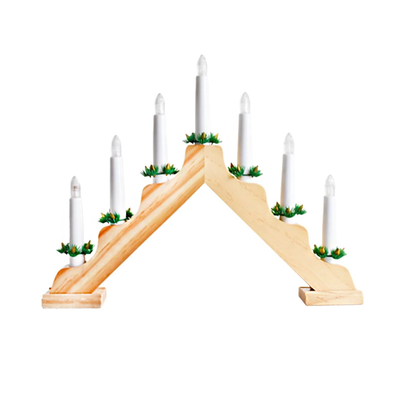 Traditional Wooden Christmas Candle Bridge - 7 LED Flameless Arch Light Natural  , Classic Nordic Holiday Decor for Windowsills and Mantels – Available in White, Red, and Natural Wood Finish
